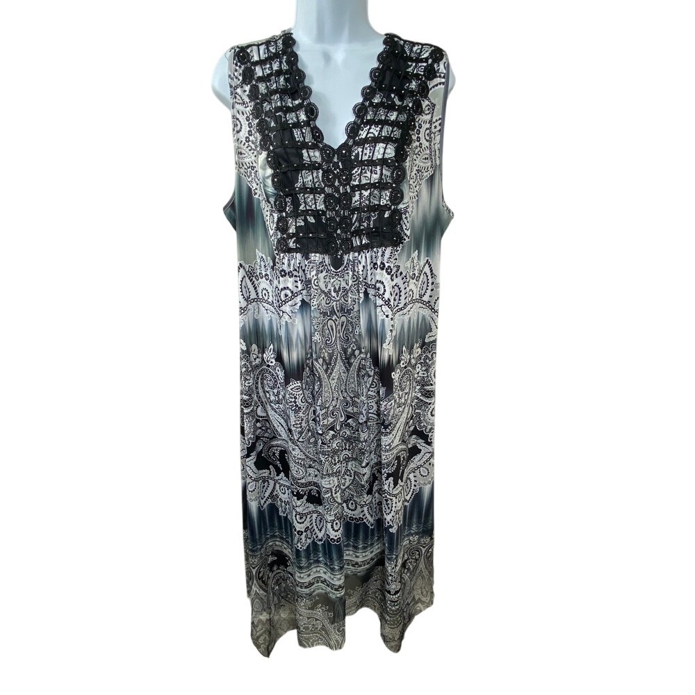 World Unity Woman Dress Midi Paisley Print Sleeveless Black Lace‎ Boho 1X